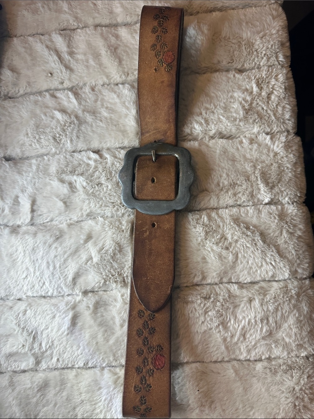 Brown Leather Belt With Rose Floral Accent, 38 inches High Quality